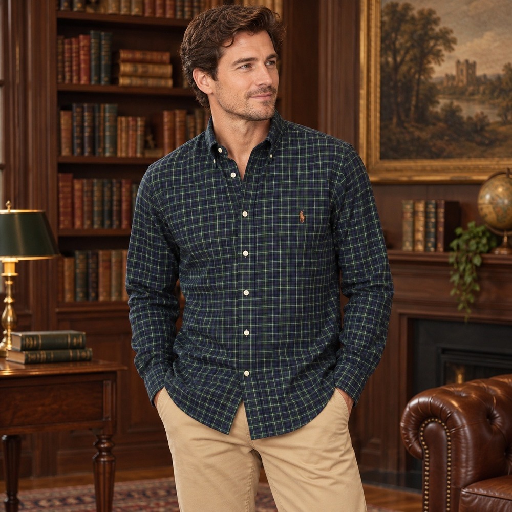 Lauren Ralph Lauren 17 32-33 Navy Green Plaid Dress Shirt Heritage Preppy
